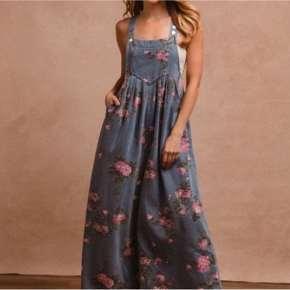 Floral Denim Overalls Wide Leg Pink Rose Print Blue Jean Jumpsuit Womens Medium - Picture 11 of 13